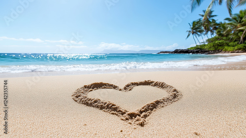 heart drawn in sand on beach with gentle waves and palm trees