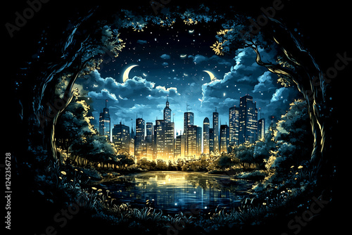 A cityscape with a lake and a moon in the sky. The city is lit up at night, creating a peaceful and serene atmosphere