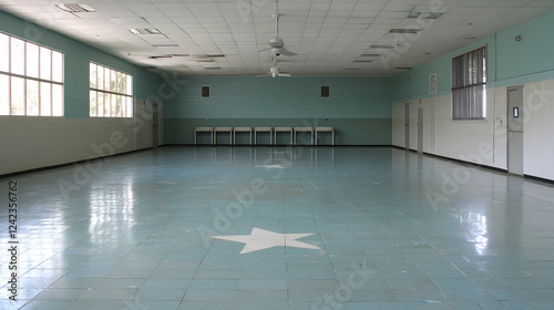 Empty light blue room, tiled floor, star design