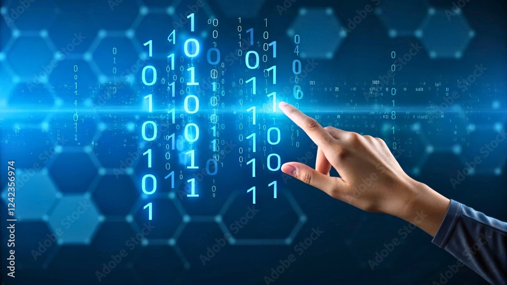 Fototapeta premium Digital Interaction with Binary Code and Data Streams on Futuristic Background