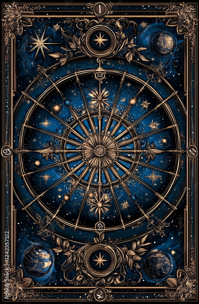 Fototapeta premium A blue and gold card with a starry sky and a compass. The compass is in the center of the card and surrounded by stars