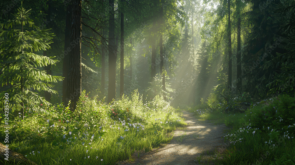 Obraz premium serene forest path with sunlight filtering through trees, creating peaceful atmosphere. lush greenery and vibrant flowers enhance natural beauty