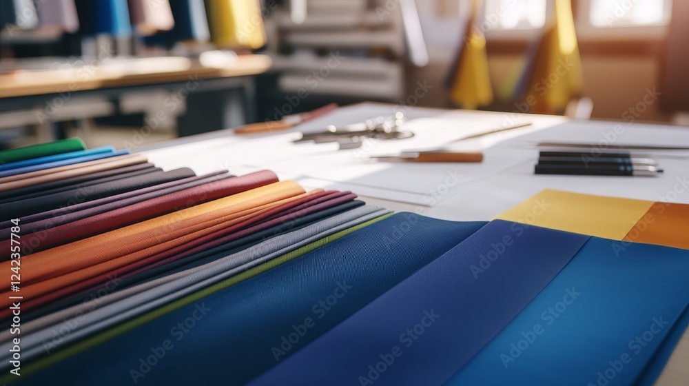 Colorful fabric swatches arranged on a designer's table, showcasing various textures and hues Colorful fabric swatches arranged on a designer's table, showcasing various textures and hues