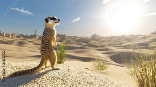 A small animal with a long tail stands on a sandy hillside