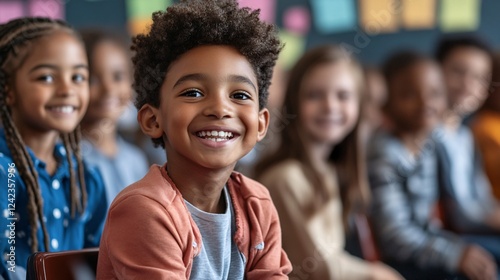 Portrait of smiling boy sitting with classmates in elementary school