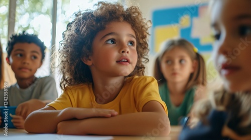 Curious young girl listening attentively in elementary school class