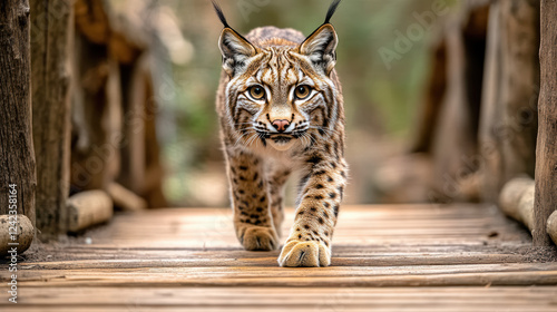 rehabilitated lynx cautiously stepping out onto wooden bridge, showcasing its beauty and grace photo