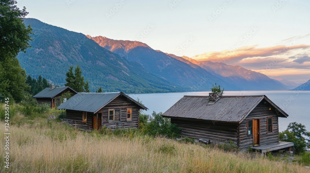 Scenic Mountain Cabins by Serene Lake at Sunset in Nature Bliss Scenic Mountain Cabins by Serene Lake at Sunset in Nature Bliss