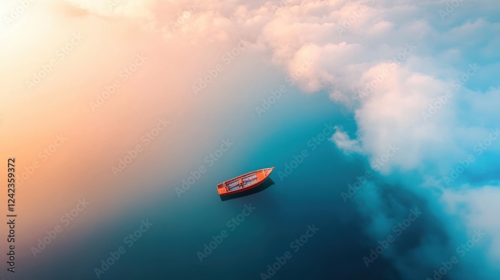 Fototapeta premium Serene Aerial View of Lonely Boat on Calm Water with Beautiful Clouds