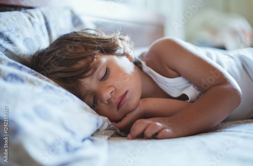 Small child peacefully sleeping on a bed in soft morning light photo