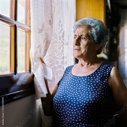 Senior woman gazing thoughtfully out the window in her home photo