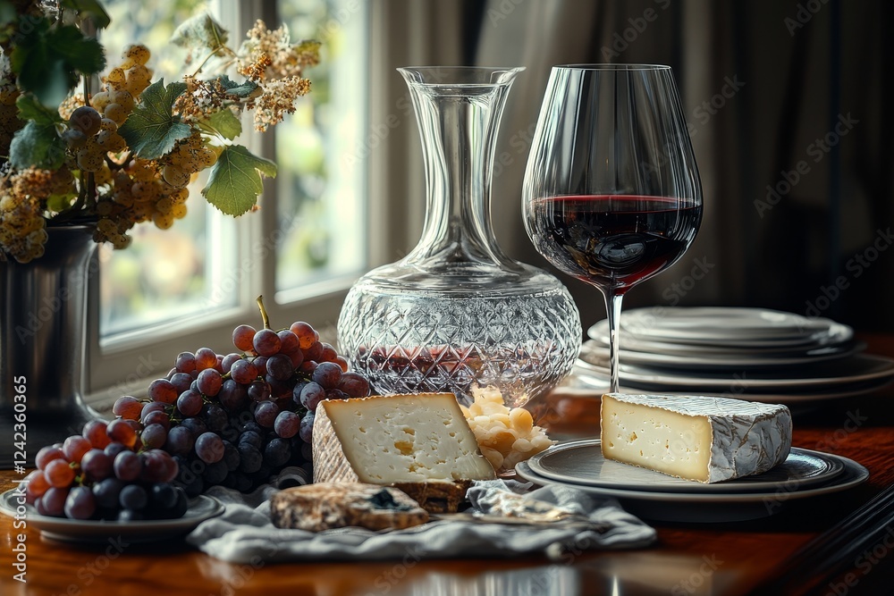 Fototapeta premium Wine, cheese, grapes on windowsill