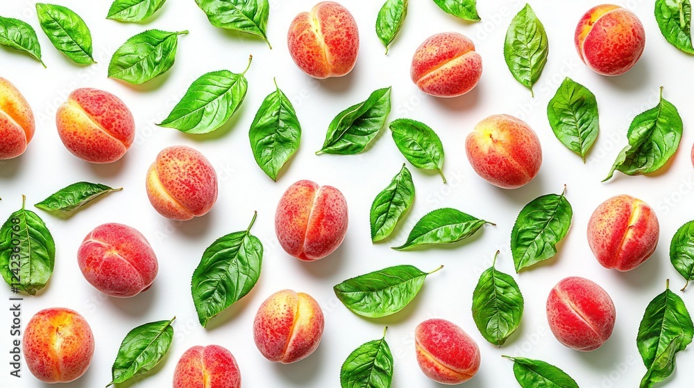 Peaches, leaves, white background, flatlay, food pattern Peaches, leaves, white background, flatlay, food pattern