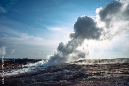 Steaming geothermal landscape at Gunnuhver hot springs on the Reykjanes Peninsula, Iceland