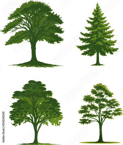 Collection of Trees: Four tree illustrations are displayed against a white background.