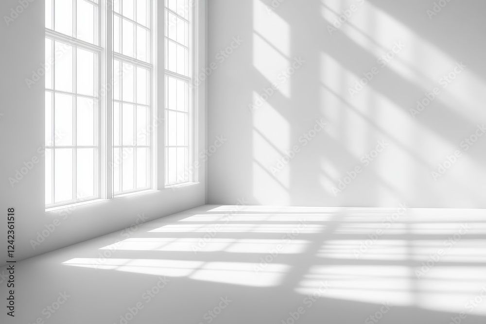 Sunlight streams through corner windows in a bright, empty room, ideal for design mockups Sunlight streams through corner windows in a bright, empty room, ideal for design mockups