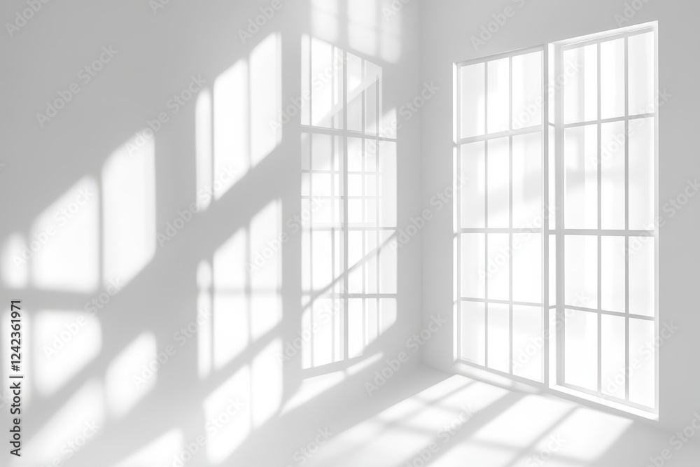 Sunlight streams through window in white room, casting shadows Sunlight streams through window in white room, casting shadows