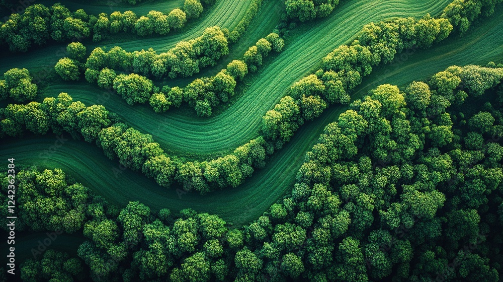 Aerial view of wavy green fields and trees in rural landscape Aerial view of wavy green fields and trees in rural landscape
