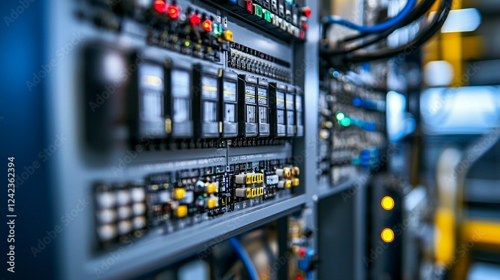 Industrial control panel, factory, automation, close-up, wiring, technology, background, manufacturing process Industrial control panel, factory, automation, close-up, wiring, technology, background, manufacturing process