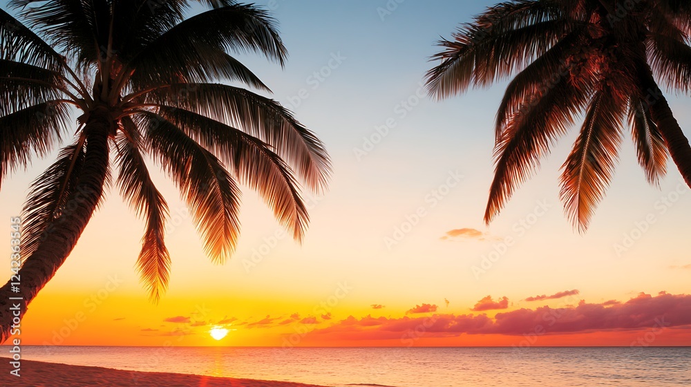 Serene sunset over a tranquil beach with palm trees framing the vibrant horizon Serene sunset over a tranquil beach with palm trees framing the vibrant horizon