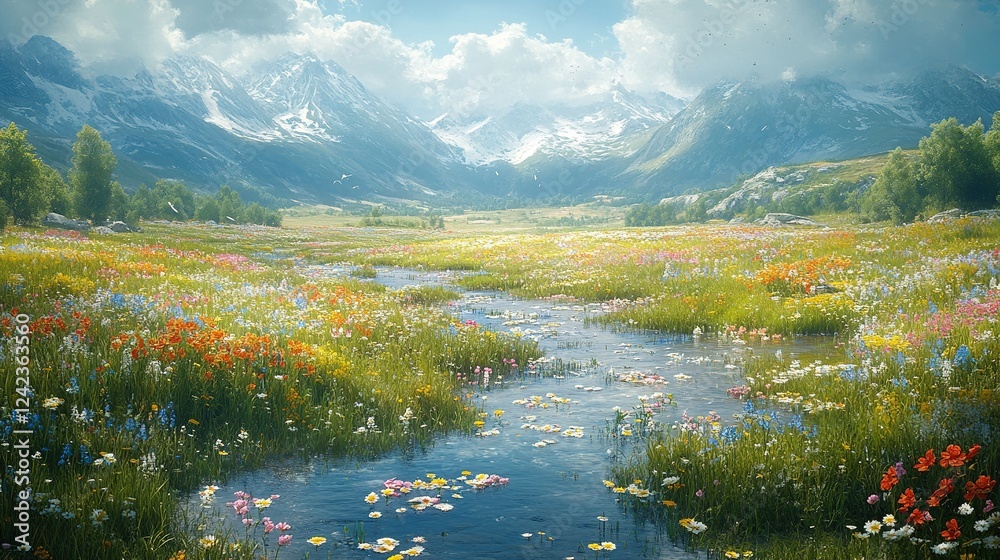 Naklejka premium Alpine meadow stream, wildflowers, snowy mountains