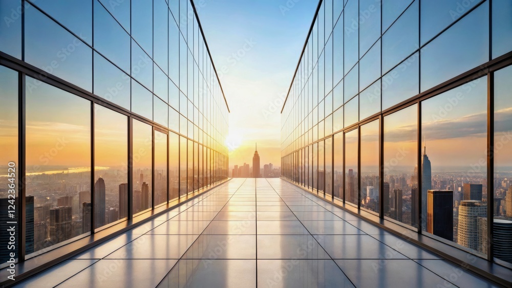 Obraz premium Stunning Sunset View from Modern High-Rise Building with City Skyline in Background