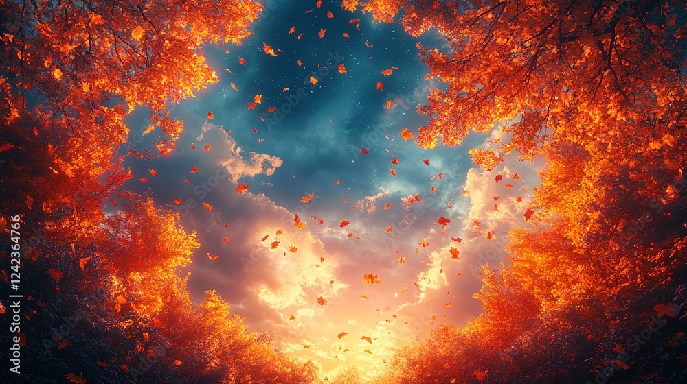 Fototapeta premium Autumn leaves falling from forest canopy at sunset