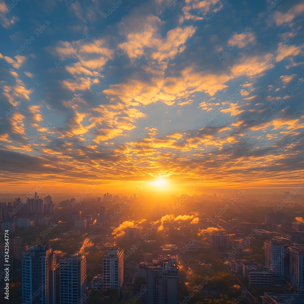 Fototapeta premium Dramatic Golden Hour Sunset Over Towering Cityscape with Wispy Cirrus Clouds and Vivid Colors