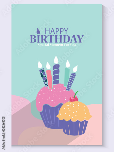 Happy birthday greeting card poster collection set, Birthday greeting template design with cupcake and colorful balloons decoration elements for party invitation card background.