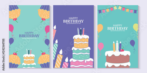 Happy birthday greeting card poster collection set, Birthday greeting template design with cupcake and colorful balloons decoration elements for party invitation card background.