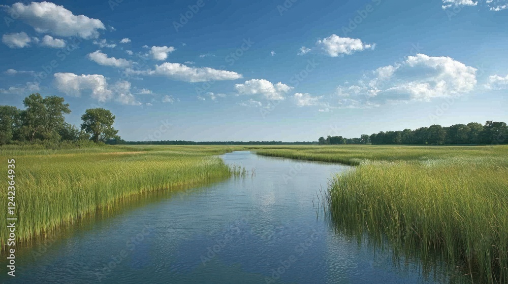Serene river meandering through lush green marsh under a bright blue sky with fluffy white clouds. Serene river meandering through lush green marsh under a bright blue sky with fluffy white clouds.