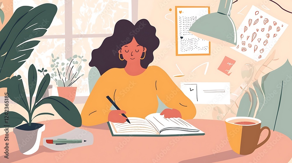 Fototapeta premium A woman is sitting at a desk with a book and a cup of coffee