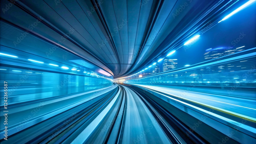 Fototapeta premium Dynamic Motion of a Train in an Urban Environment with Blue Neon Lights and Speed Effect