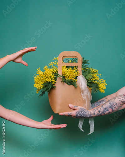 A man holds out flowers to a woman. photo