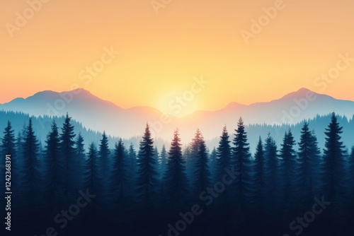 Tranquil Sunrise Over Misty Forest Landscape at Dusk