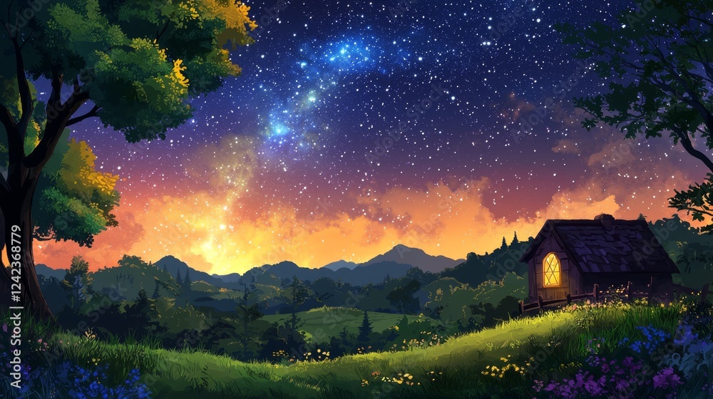 Fototapeta premium Serene Night View of a Cozy Cottage Surrounded by Lush Greenery Under a Sky Full of Stars and a Colorful Sunset