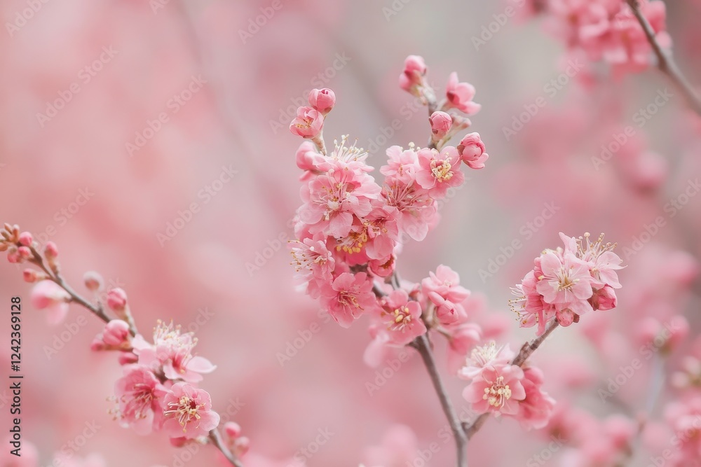 Pink plum blossoms blooming, spring garden, soft focus background, website design Pink plum blossoms blooming, spring garden, soft focus background, website design