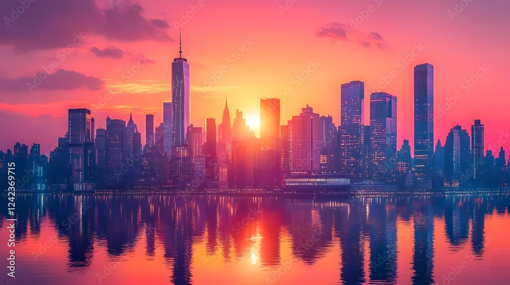 Fototapeta premium Cityscape Sunset with Reflective Skyscrapers and Glimmering Lights