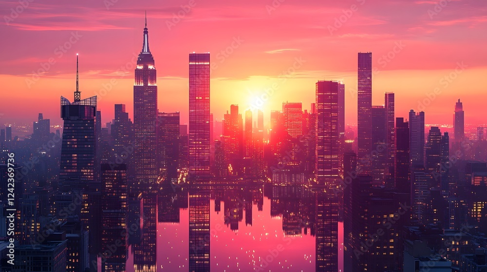 Fototapeta premium Captivating Sunset Cityscape with Towering Skyscrapers and Glowing Reflections