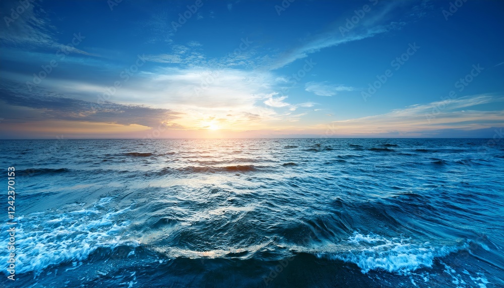 Obraz premium A breathtaking sunset casts a golden glow over the vast deep blue ocean