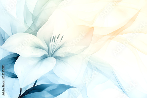 A blue and white flower with a green stem. The flower is surrounded by a light blue background