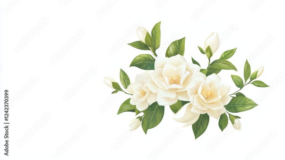 Obraz premium Elegant white flower blossom with lush green leaves on a pristine white background