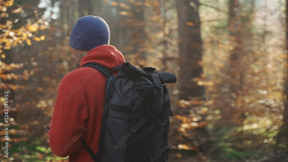 Hiker use smartphone for navigation in woods during autumn outdoor hiking expedition. Traveler using GPS navigational application on phone along walking through forest. Geographic Positioning System. 