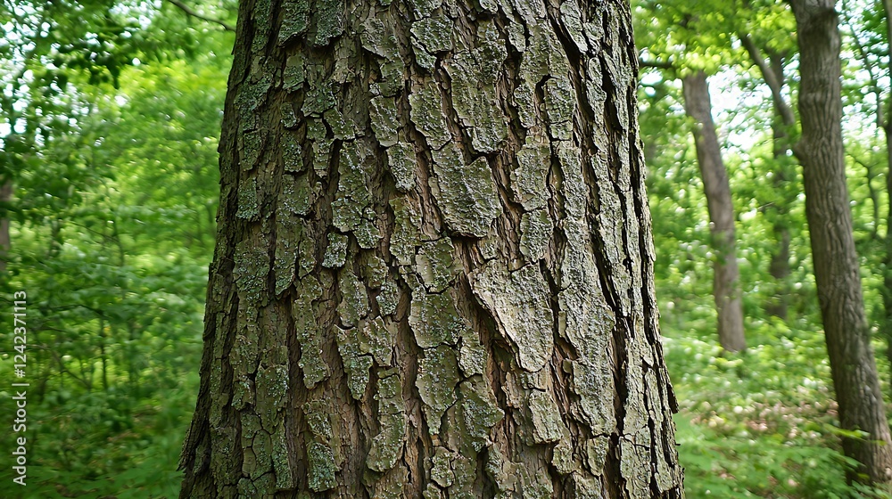 A tree trunk with a lot of bark and a few leaves A tree trunk with a lot of bark and a few leaves