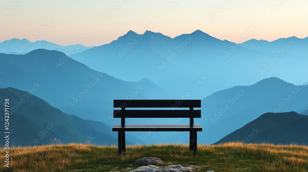 Serene Mountain View With Bench at Dawn in Distant Landscape Serene Mountain View With Bench at Dawn in Distant Landscape