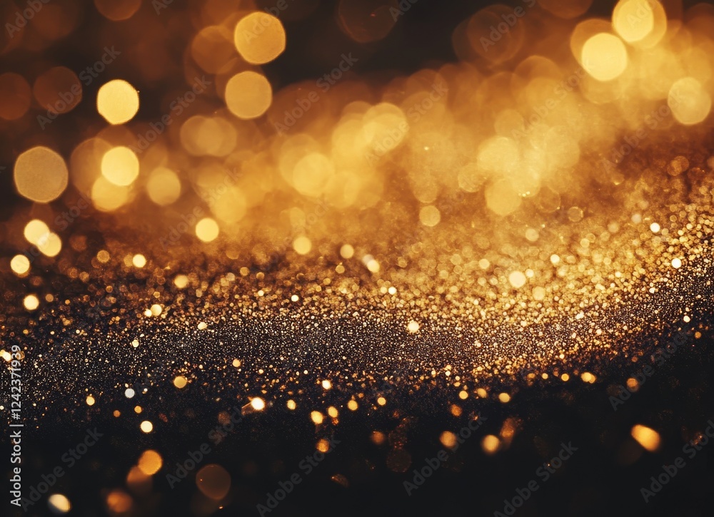 Golden glitter sparkle backdrop, bokeh lights, dark background, festive design Golden glitter sparkle backdrop, bokeh lights, dark background, festive design