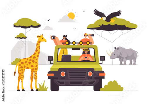 Visitors Explore the Wildlife Safari Illustration Featuring People Enjoying a Zoo Visit with Giraffes, Elephants, and Other Animals in a Background