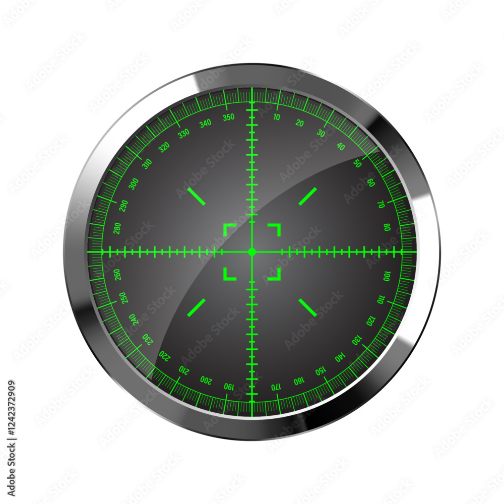 Chrome weapon night sight, sniper rifle optical scope. Hunting gun viewfinder with crosshair. Aim, shooting mark symbol. Military target sign, silhouette. Game UI element. Vector illustration Chrome weapon night sight, sniper rifle optical scope. Hunting gun viewfinder with crosshair. Aim, shooting mark symbol. Military target sign, silhouette. Game UI element. Vector illustration