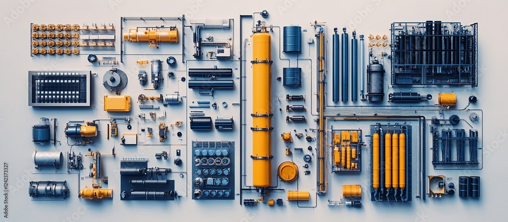 Aerial view of industrial equipment and components arranged systematically on a light surface Aerial view of industrial equipment and components arranged systematically on a light surface