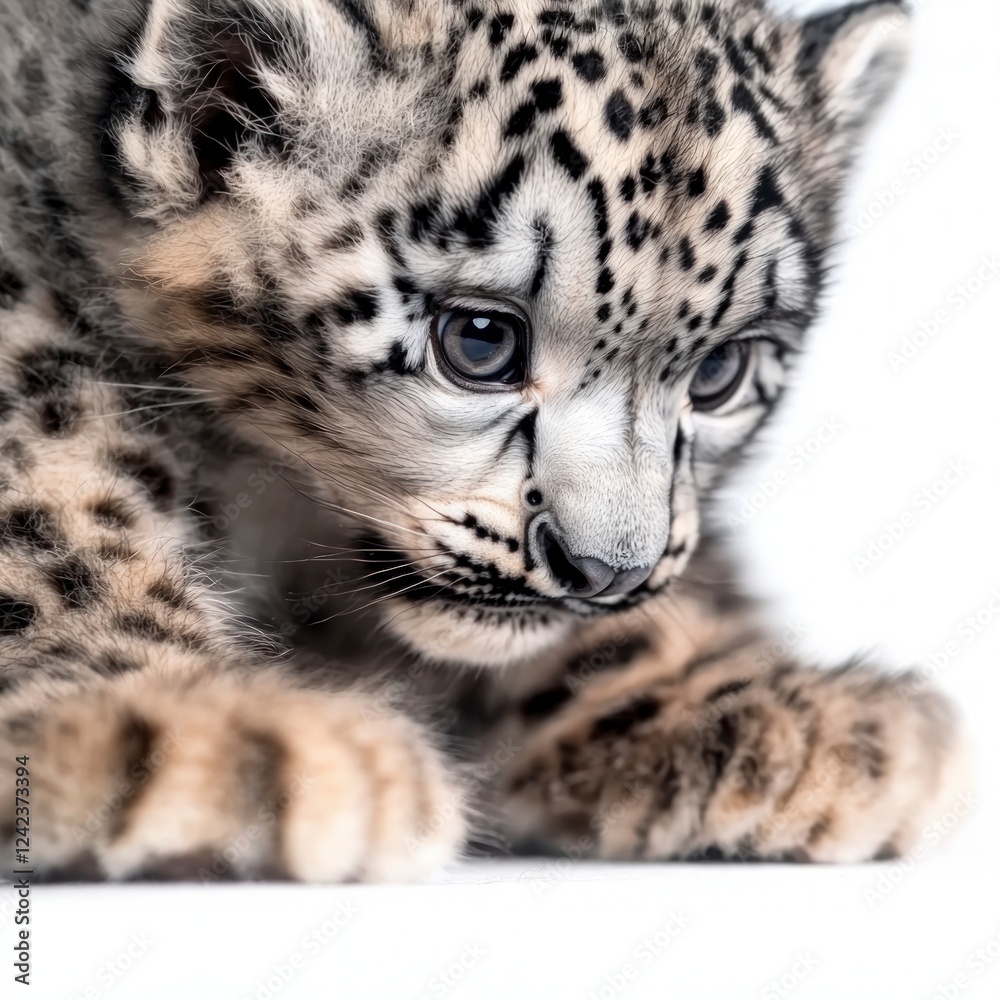 Adorable Snow Leopard Cub Close Up Wildlife Photography White Background Adorable Snow Leopard Cub Close Up Wildlife Photography White Background